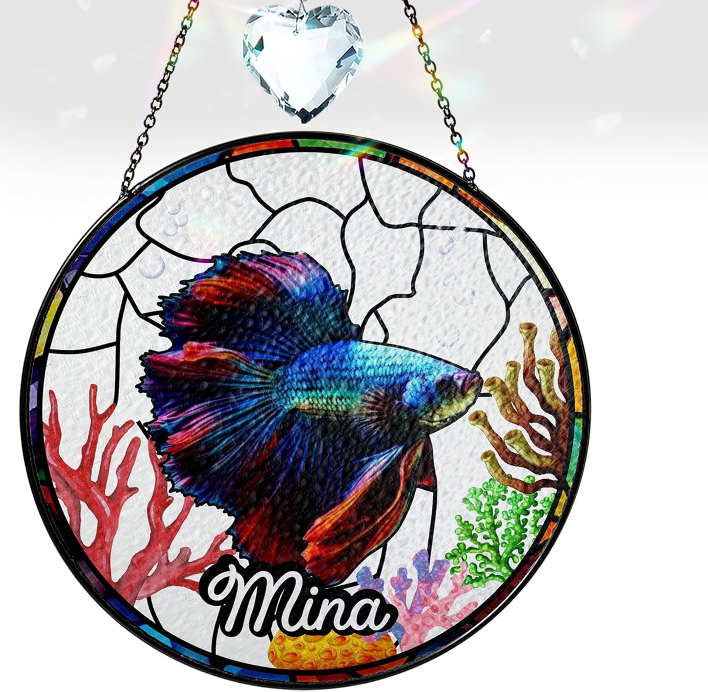 Personalized Betta Fish Stained Glass Suncatchers Art Glass Tropical Fishes for Sun Catcher Indoor Window Gifts for Pet Animal Nature Floral Aquatic Sea Ocean Lovers Painted Glass Panel Décor