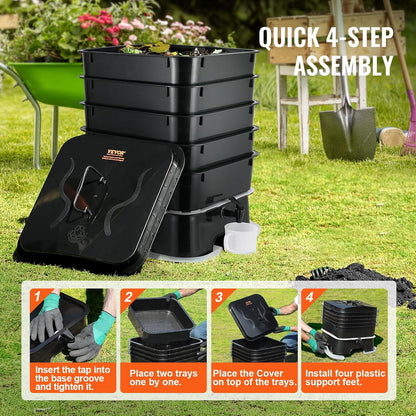 VEVOR 5-Tray Composter, 50L Worm Compost Bin - Indoor/Outdoor Worm Farm Kit for Food Waste Recycling, Vermicomposting & Vermiculture