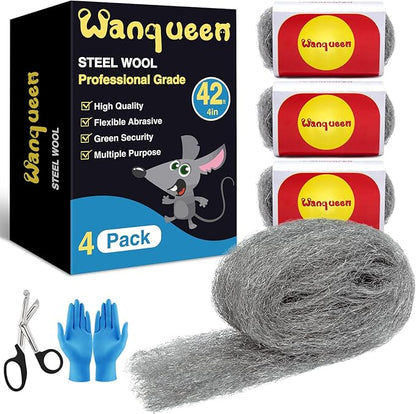 Steel Wool Mice Control 4'' * 42' Total Rodent Control Fill Fabric, Steel Wool Pads Mouse Traps Blocker, Mouse Hole Filler Keep Mice Away from Holes Wall Cracks Gaps(4 Rolls)