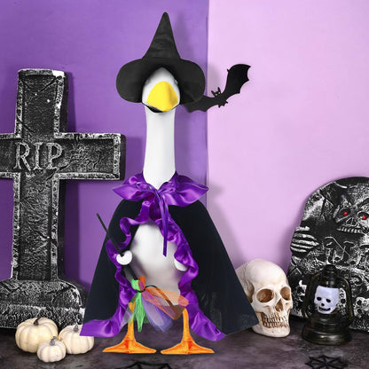 Halloween Porch Goose Witch Outfits Set for 23” Cement Lawn Goose Statue Clothes Broom Cape Costume for Patio Lawn Garden Art Decor