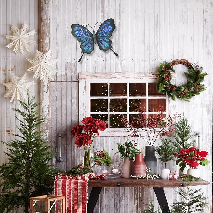 HONGLAND Metal Butterfly Wall Decor Outdoor Indoor Art Sculpture Hanging Glass Decorations Blue for