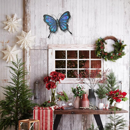 HONGLAND Metal Butterfly Wall Decor Outdoor Indoor Art Sculpture Hanging Glass Decorations Blue for