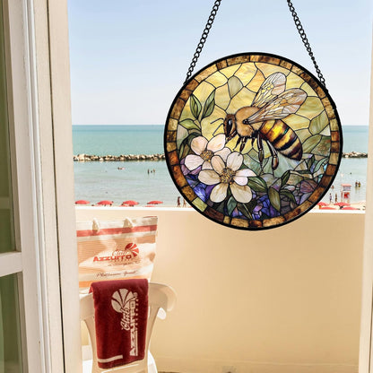 Stained Glass Window Hanging, Vintage Bee Yellow Flower Sun Catcher for Window Door Home Decor Suncatcher Christmas Mother's Day Birthday Gifts for Women Men Mom and Nana 9.8 in