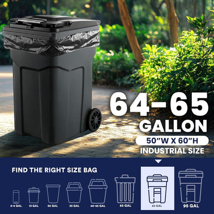 Plasticplace 64-65 Gallon Trash Can Liners for Toter │ 2.0 Mil │ Black Heavy Duty Garbage Bags │ 50” x 60” (50 Count)