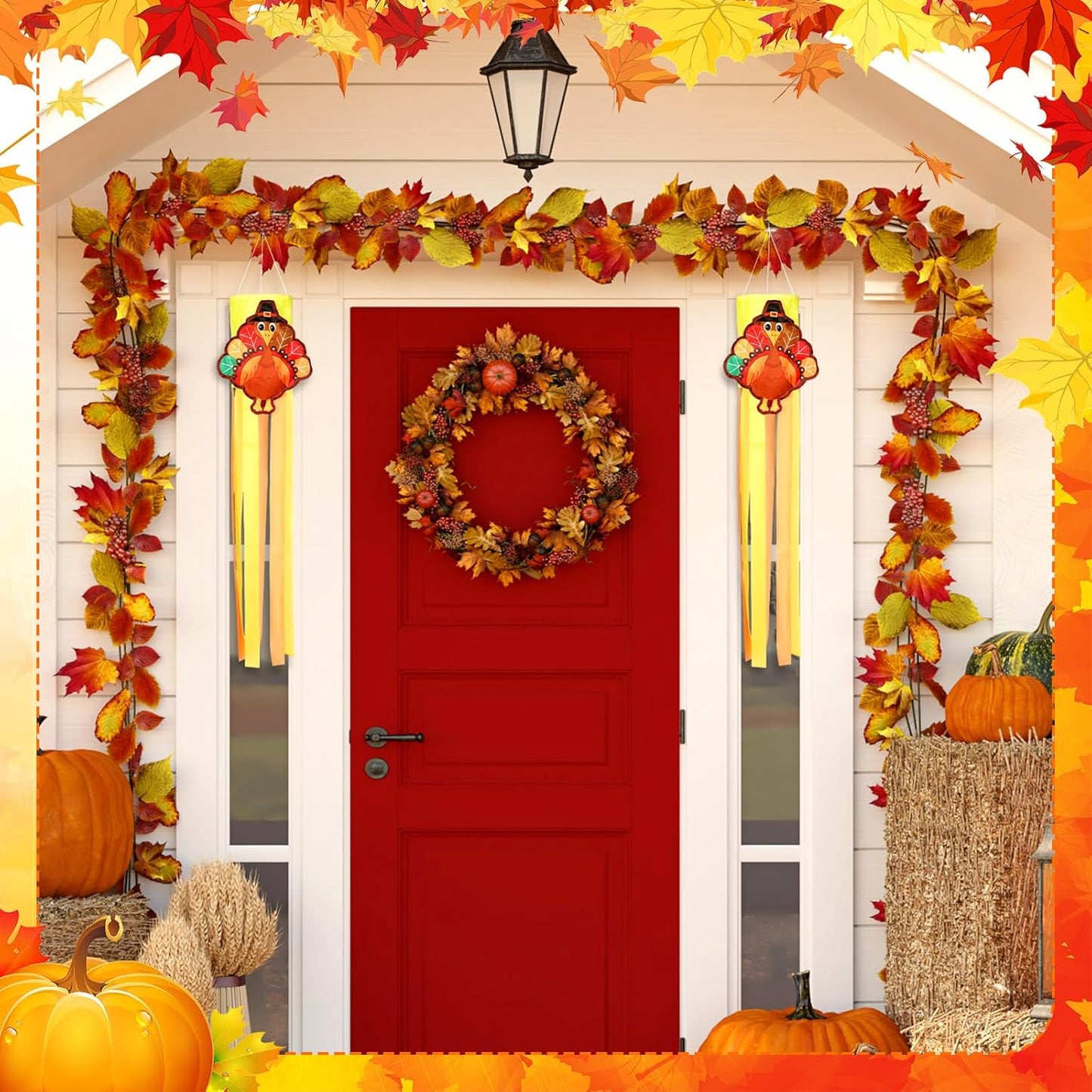 2 Pcs Thanksgiving Turkey Windsocks 40'' Fall Thanksgiving Outdoor Hanging Decoration Vintage Windsock with Pilgrim Hat Colorful Streamer for Autumn Party Farmhouse Window Yard Garden Decor