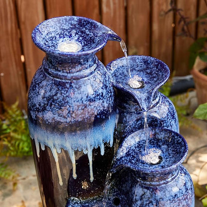 Glitzhome 30.75" H Vase Ceramic Outdoor Water Fountain with LED Lights and Pump, 4-Tier Cobalt Blue and Brown Reactive Glaze Cascading Pots Standing Fountain for Porch Deck Garden Patio Backyard