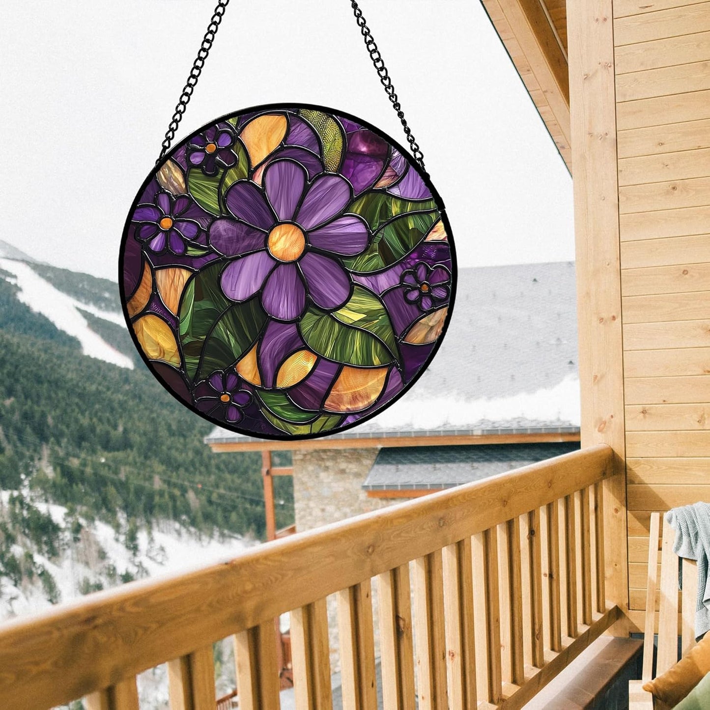 Stained Glass Window Hanging, Purple Green Flowers Sun Catcher for Door Home Decor Plants Suncatcher Christmas Mother's Day Birthday Gifts for Women Men Mom and Nana 6.3 in