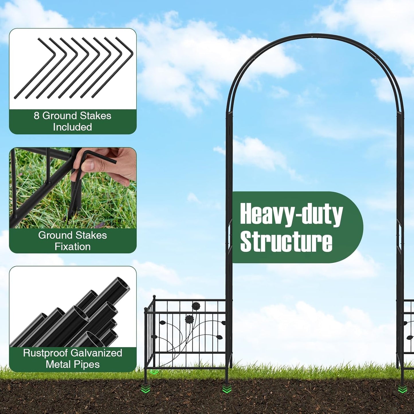 Happygrill Garden Arbor, 86" Metal Archway Pergola w/2 Side Planters, 8 Ground Stakes, Sturdy Metal Frame, Outdoor Arch Trellis for Climbing Plants, Wedding Ceremony, Garden Decoration