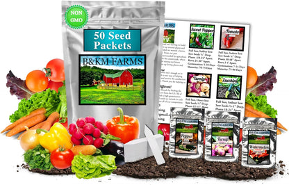 B&KM Farms 30,000+ Survival Seed Kit 5+ Year Supply. 50 Fruit & Vegetable Non-GMO Heirloom Seeds for Planting a Home Garden. Secure Emergency Weather-Proof Package(1, Large)