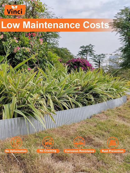 Vinci Garden Landscape Edging Border, 6 Inch x 40 FT Corrugated Sturdy Metal Easy Installation Safe Hemmed Lawn Garden Border Edges for DIY Flower Beds, Pathways and Patio Design (Silver)
