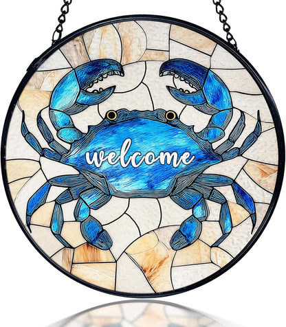 kdqua Coastal Beach Crab Welcome Suncatcher Stained Glass Window Hanging, Ocean Marine Crab Sun Catchers Indoor Window Glass Round Wall Decor, Beachy Wall Art Hanging Decorations Statues, 7.9x7.9in