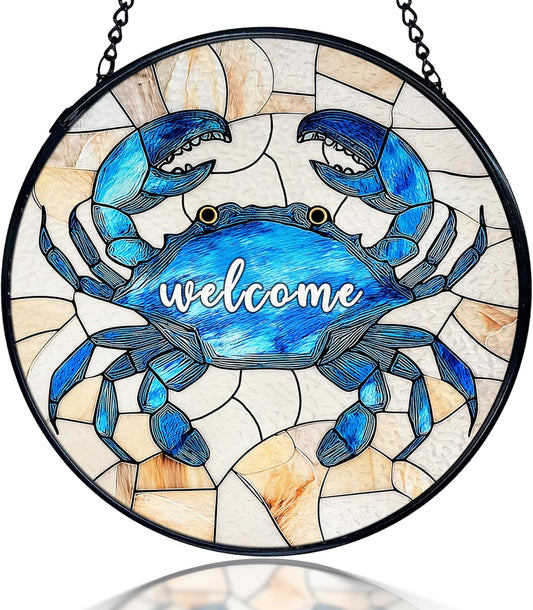 kdqua Coastal Beach Crab Welcome Suncatcher Stained Glass Window Hanging, Ocean Marine Crab Sun