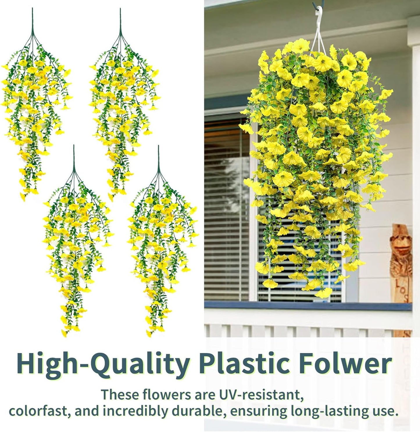 4 Pack Artificial Faux Hanging Flowers Plant for Outdoor, Fake Silk Morning Glory with Eucalyptus UV Resistant Realistic Trailing Vine for Wall Home Porch Patio Balcony Yard Indoor Decor, Yellow