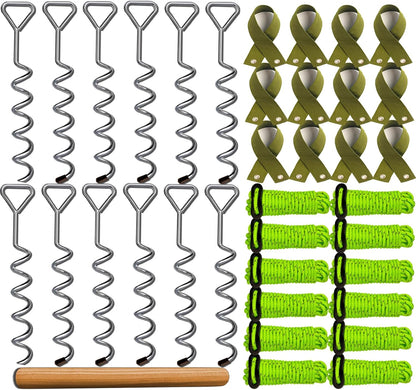 37pcs 12sets Heavy Duty Tree Stakes and Supports for Young Trees 16" Straightening Kit Metal Spiral Chrome Plated Brace Tree Ties Anti-Collision Reflective Rope