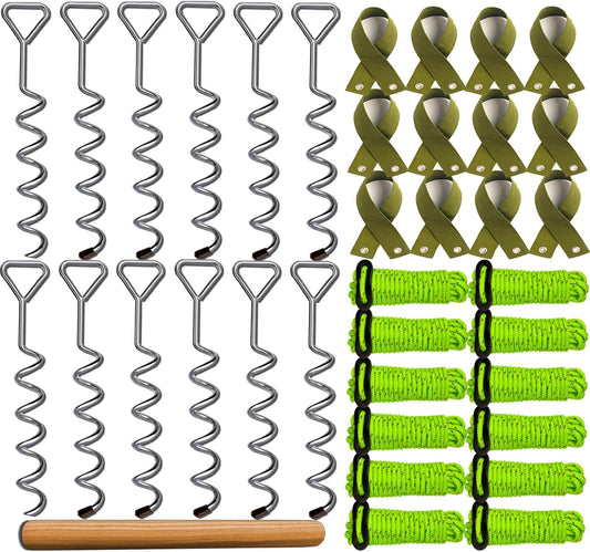 37pcs 12sets Heavy Duty Tree Stakes and Supports for Young Trees 16" Straightening Kit Metal Spiral Chrome Plated Brace Tree Ties Anti-Collision Reflective Rope
