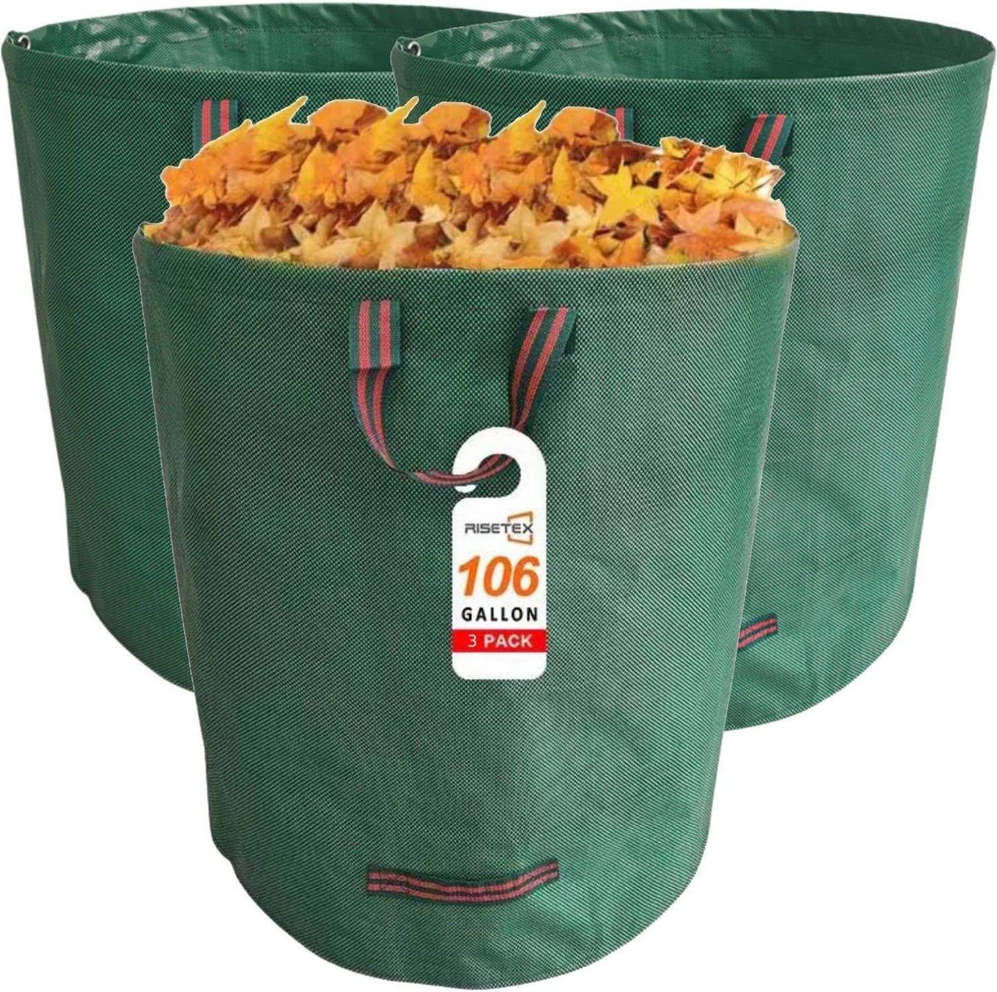 Leaf Collector 3-Pack | 106Gal Eco-Friendly Reusable Leaf Bags | Heavy-Duty Self-Standing Yard Waste Container w/4 Handles for Lawn Maintenance & Outdoor Recycling