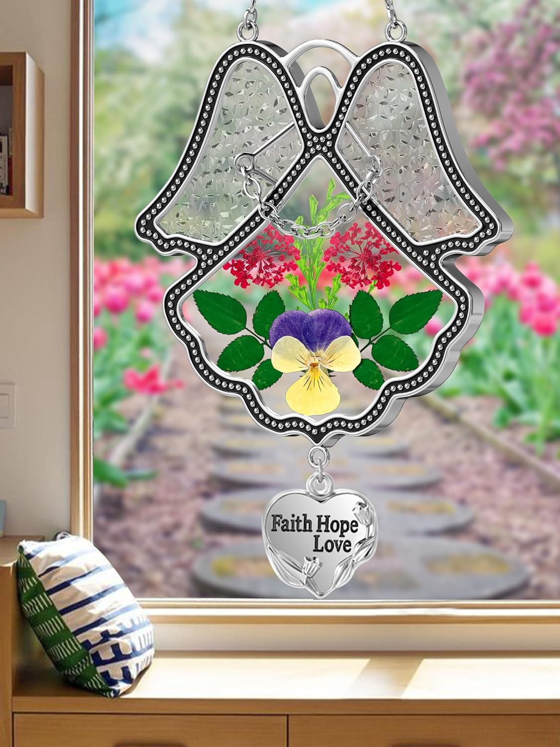 KY&BOSAM Angel Suncatcher Faith Hope Love Stained Glass Panels for Windows Hangings Wind Chime with Pressed Flower Glass with Metal Heart Charm Birthday Gifts for Women Mom Mothers Day Christmas Decor