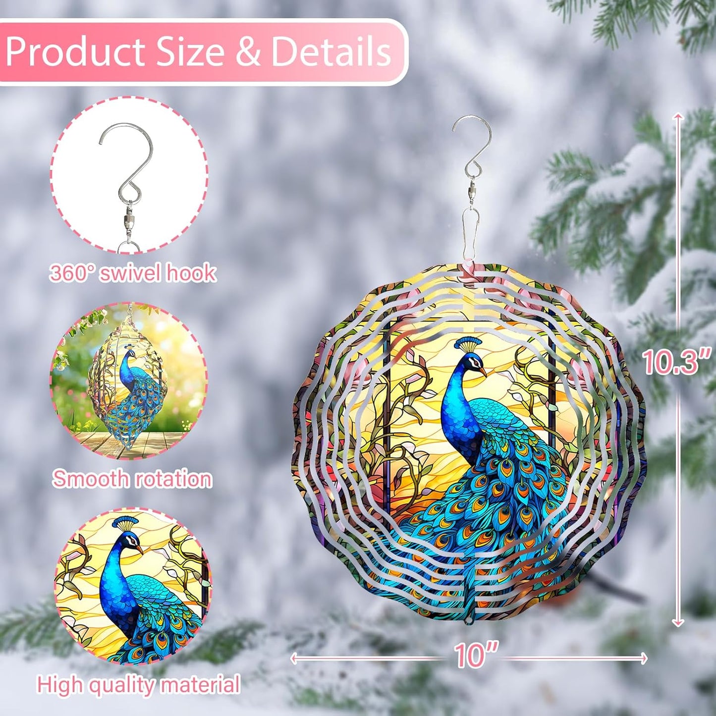 Peacock at Sunset Wind Spinner Stainless Steel Hanging Wind Spinners Mandala Kinetic Art 10 Inch Garden Decoration for Patios, Lawns, and Balconies