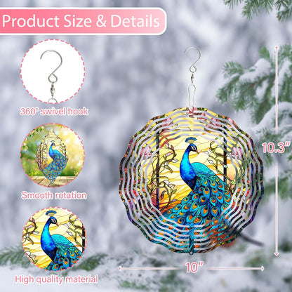 Peacock at Sunset Wind Spinner Stainless Steel Hanging Wind Spinners Mandala Kinetic Art 10 Inch Garden Decoration for Patios, Lawns, and Balconies