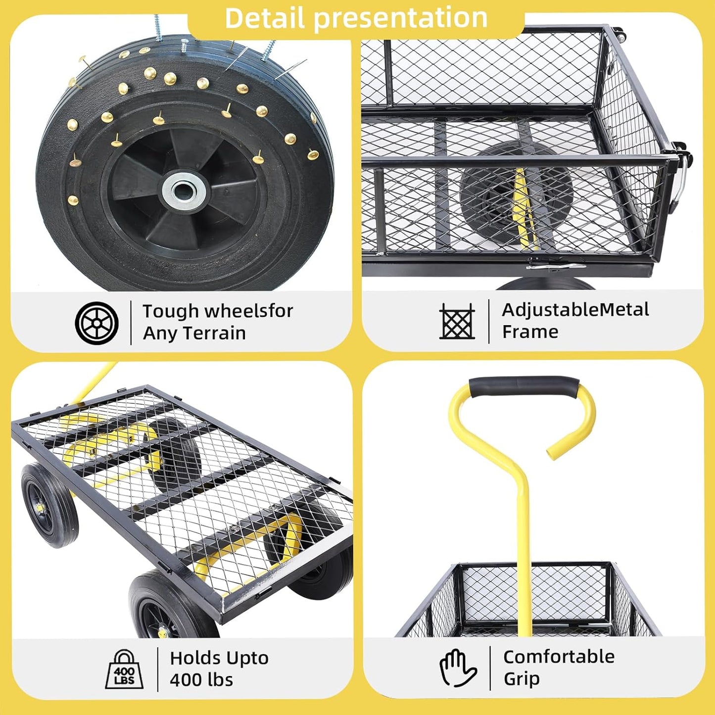 Heavy Duty 480 Lbs Capacity Mesh Steel Garden Cart Folding Utility Wagon with Removable Sides (Black+Yellow)