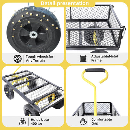 Heavy Duty 480 Lbs Capacity Mesh Steel Garden Cart Folding Utility Wagon with Removable Sides (Black+Yellow)