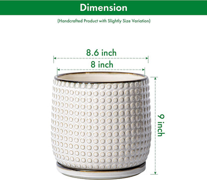 D'vine Dev 8 Inch Ceramic Beaded Stoneware Planter Pot - Flower Pot with Drainage Holes and Saucers for Indoor Succulent Plants or Flowers, Smoked White, 27-C-Q-1