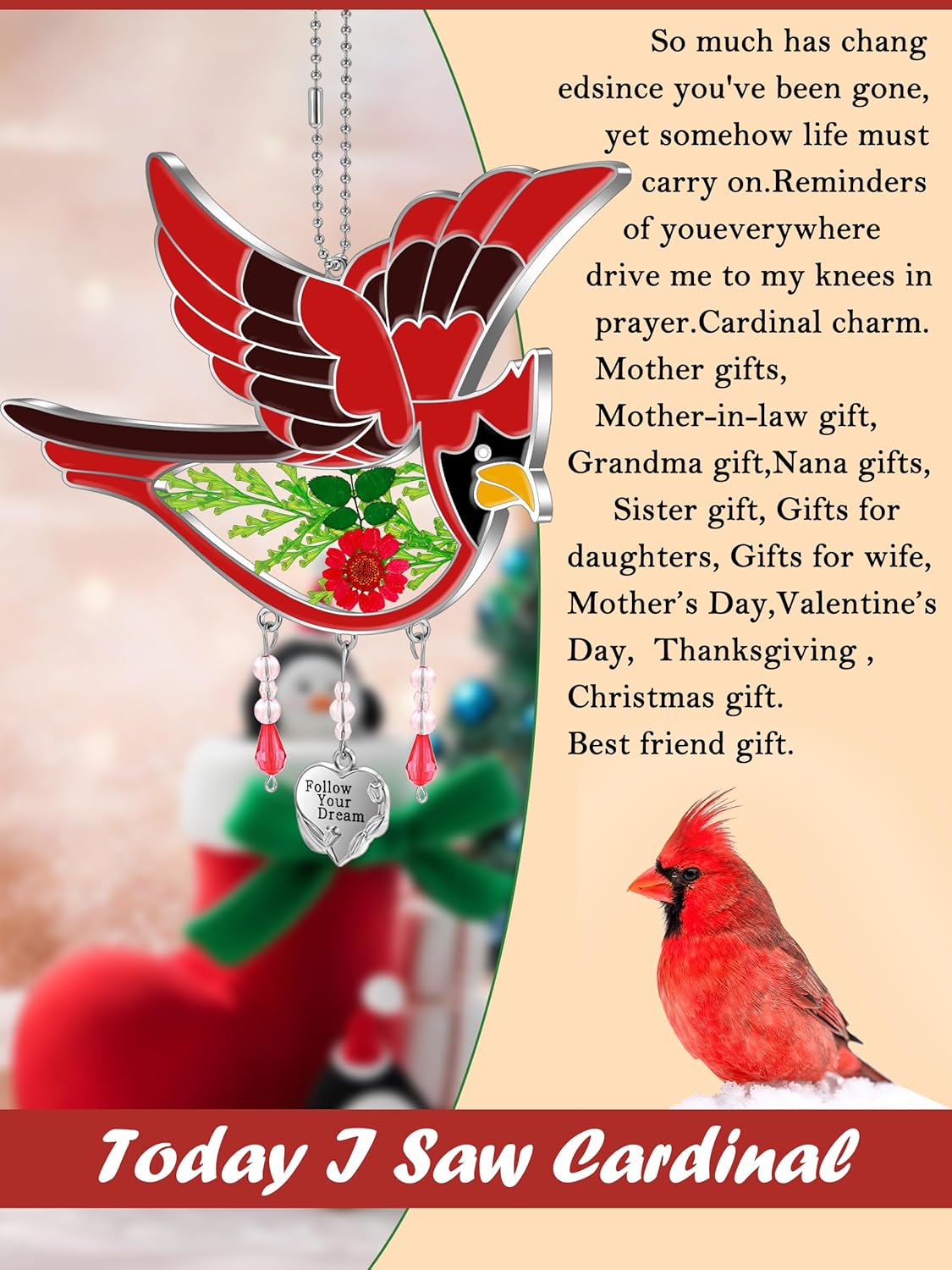 KY&BOSAM Cardinal Suncatcher Stained Glass Suncatcher for Windows Haning Wind Chime with Pressed Real Flower Cardinal Embedded in Glass Birthday Gift for Women Mother`s Day Christmas Follow Your Dream