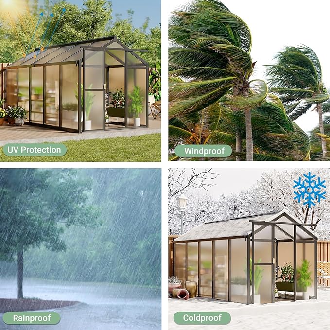 6x10 FT Greenhouse, Easy Assembly Aluminum Polycarbonate Greenhouses for Outdoors with Roof Vent, Large Aluminum Walk-in Greenhouse for Sunroom Patio, Backyard, Garden, Sliding Lockable Door, Black