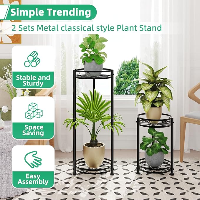Simple Trending Round Plant Stand Indoor Outdoor, Waterproof Metal Tall 31” Plant Shelf Holder, Heavy Duty Flower Pot Display Rack, 2 Pack, Black