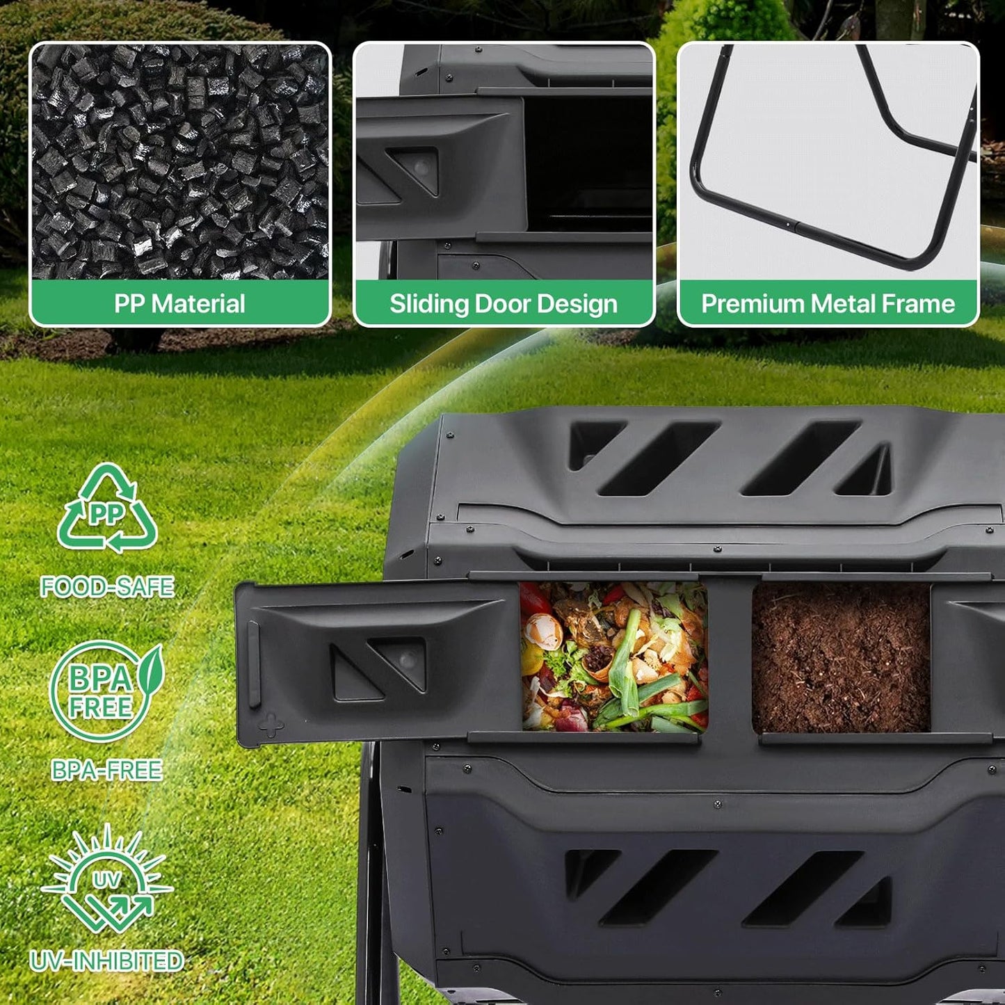 Athena Collection Compost Tumbler, 43 Gallons Dual Composter Chamber Outdoor, Easy Turn & Fast Rotating Compost Bins with 2 Sliding Doors, Easy Assembly, for Garden, Yard and Outdoor Use