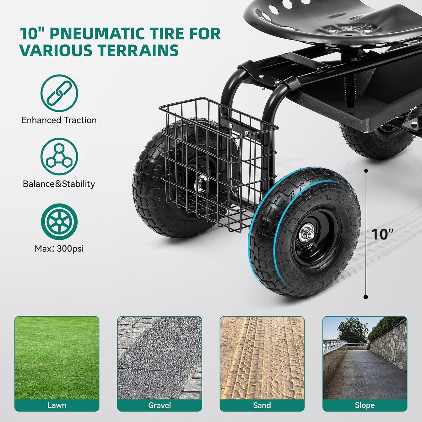 Rolling Garden Cart with 360° Swivel Work Seat, Adjustable Height, 10" Pneumatic Tires, Tool Tray & Storage Basket, Extendable Handle, Reduces Back & Spine Strain