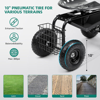 Rolling Garden Cart with 360° Swivel Work Seat, Adjustable Height, 10" Pneumatic Tires, Tool Tray & Storage Basket, Extendable Handle, Reduces Back & Spine Strain