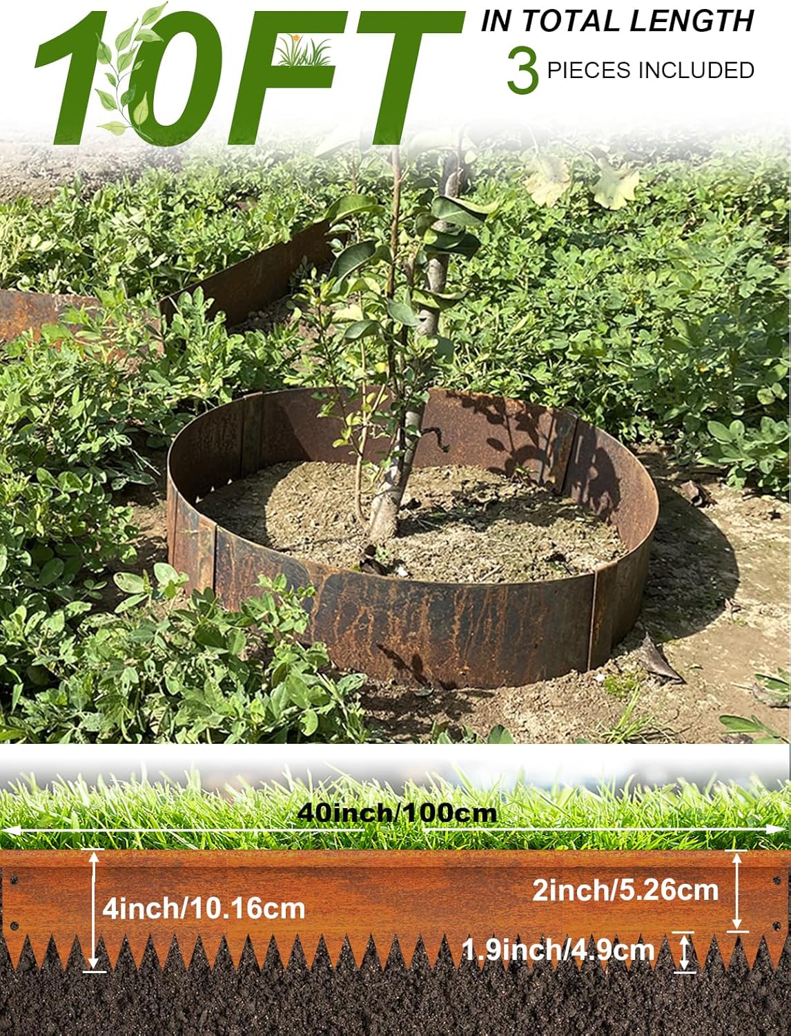 Landscape Edging Border, 40" L x 4" H 3Pack(10FT Total Rusted Corten Steel Garden Edging with Spikes, Sturdy Elegant Metal Lawn Broder for Flower Beds, Pathways, Paver Edges and Yard