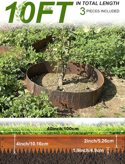 Landscape Edging Border, 40" L x 4" H 3Pack(10FT Total Rusted Corten Steel Garden Edging with Spikes, Sturdy Elegant Metal Lawn Broder for Flower Beds, Pathways, Paver Edges and Yard