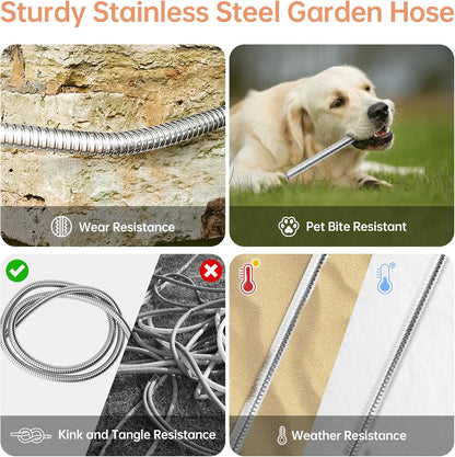 Stainless Steel Garden Hose 75 ft Heavy Duty Metal Water Hoses with 10 Function Water Hose Nozzles for Yard Outdoor