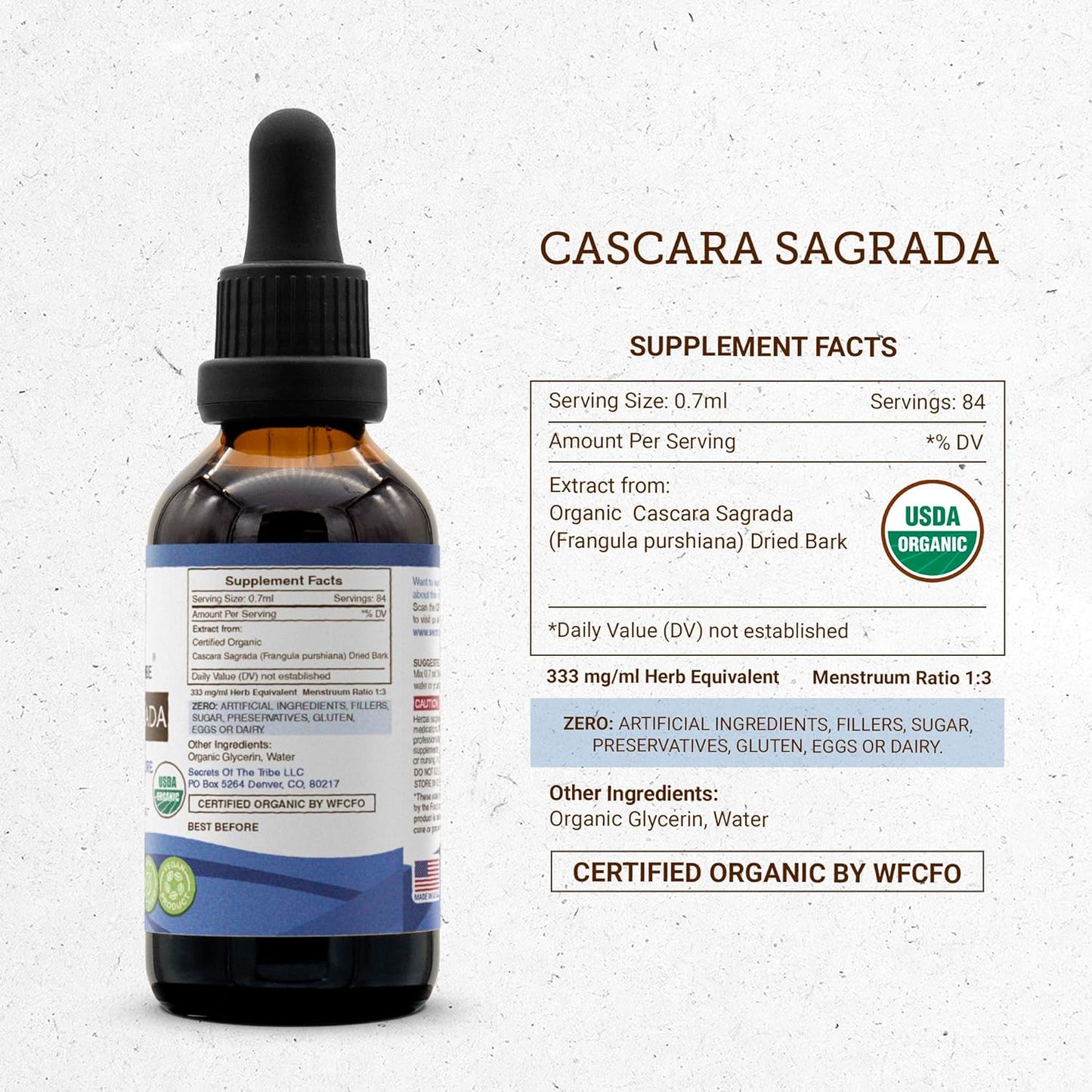 Secrets of the Tribe Cascara Sagrada USDA Organic | Alcohol-Free Extract, High-Potency Herbal Drops | Made from 100% Certified Organic Cascara Sagrada (Frangula purshiana) Dried Bark (2 oz)