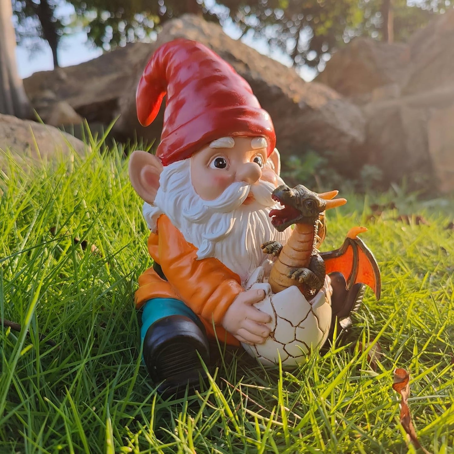 Fantasy Dragon Gnome Garden Statue - 6.8" Weatherproof Resin Garden Gnome with Baby Dragon, Unique Outdoor & Indoor Decor, Handcrafted Yard Art, for Fantasy Lovers & Gardeners