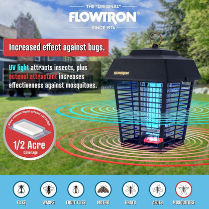 Flowtron Electric Bug Zapper 1/2 Acre Outdoor Insect Control with Dual Lure Method, 15W UV Light & Octenol Attractant for Fly & Mosquito, 5600V Kill Grid, Made in USA, UL Certified