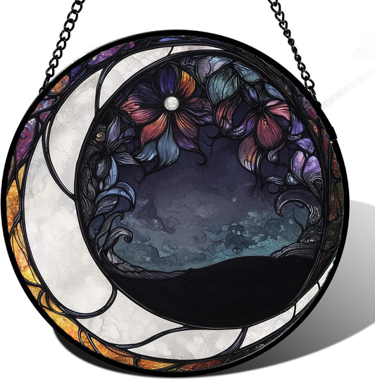 Stained Glass Window Hanging - Black and White Moon Sun Catcher for Door Terrace Garden Home Decor