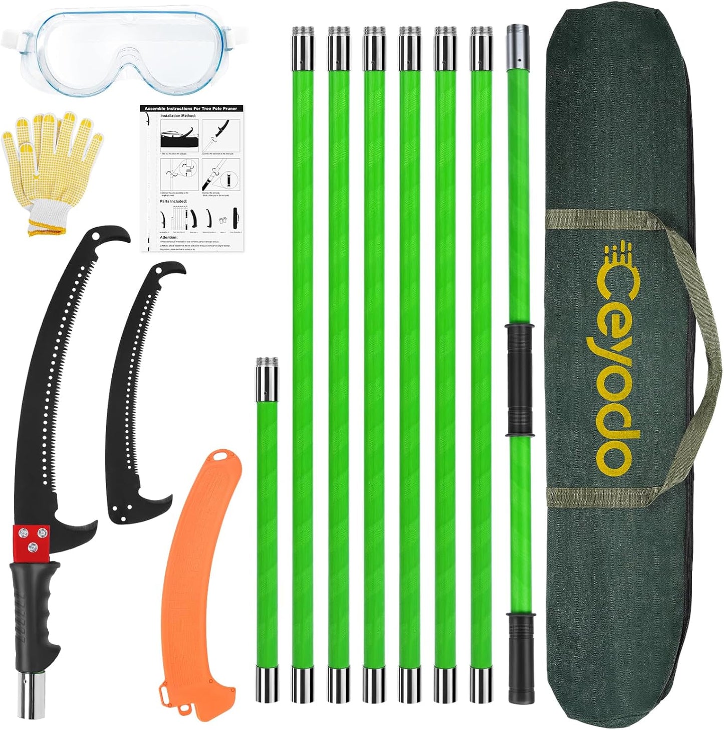Manual Pole Saw 27ft Extendable Tree Pruner Manual Branches Trimmer Tree Branch Garden Tools Loppers Hand Pole Saws with Lightweight 8 Fiberglass Handles, for Pruning Palms and Shrubs