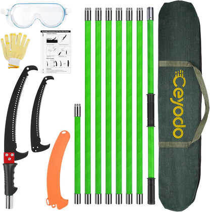 Manual Pole Saw 27ft Extendable Tree Pruner Manual Branches Trimmer Tree Branch Garden Tools Loppers Hand Pole Saws with Lightweight 8 Fiberglass Handles, for Pruning Palms and Shrubs