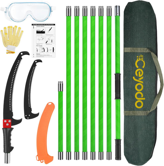 Manual Pole Saw 27ft Extendable Tree Pruner Manual Branches Trimmer Tree Branch Garden Tools Loppers Hand Pole Saws with Lightweight 8 Fiberglass Handles, for Pruning Palms and Shrubs