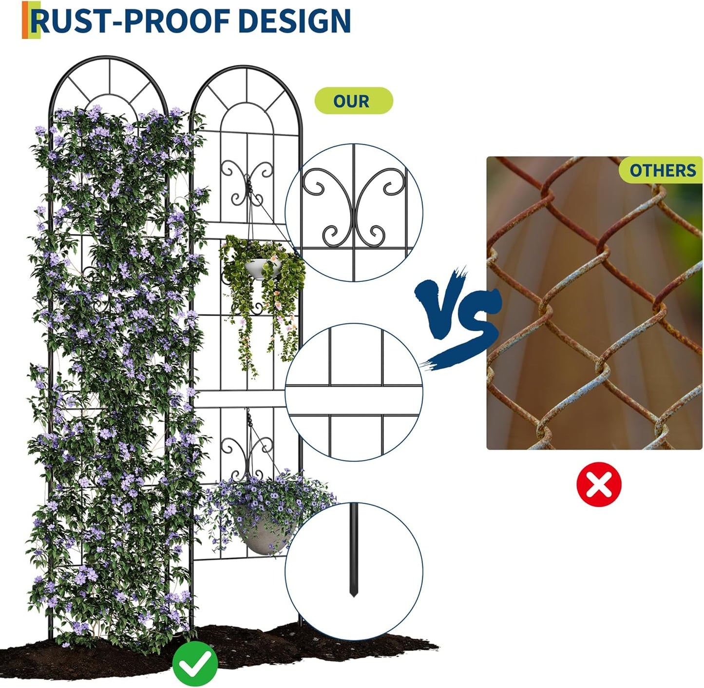 2 Pack 55.1x11.8 in Garden Trellises for Climbing Plants, Sturdy Plant Trellises with Black Metal Coating, Arched Outdoor Decoration for Patio Lawn, Roses, Vines, Flowers, and Vegetables
