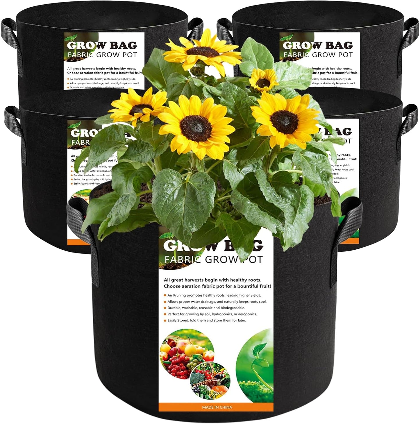 5 Pack 10 Gallon Thickened Grow Bags, Aeration Nonwoven Fabric Planting Bags with Handles, Heavy Duty 300G Garden Planter Pot for Tomato, Potato, Strawberry, Vegetable, Fruits and Flowers