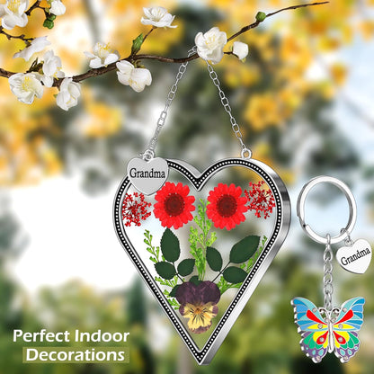 KY&BOSAM Heart Suncatcher for Windows Hangings Grandma Gift Stained Glass Butterfly Suncatcher Pressed Flower Between Heart in Glass Metal Engraved Charm Gift for Women Mother's Day Birthday Christmas