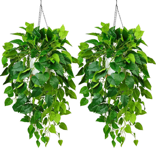 QIANYUN Hanging Plant Artificial Ivy – 40" Fake Potted Plants with Pot, 2PCS Trailing Greenery Vines for Indoor Shelf, Bedroom, Living Room, Bathroom, Office, or Outdoor Porch Decoration