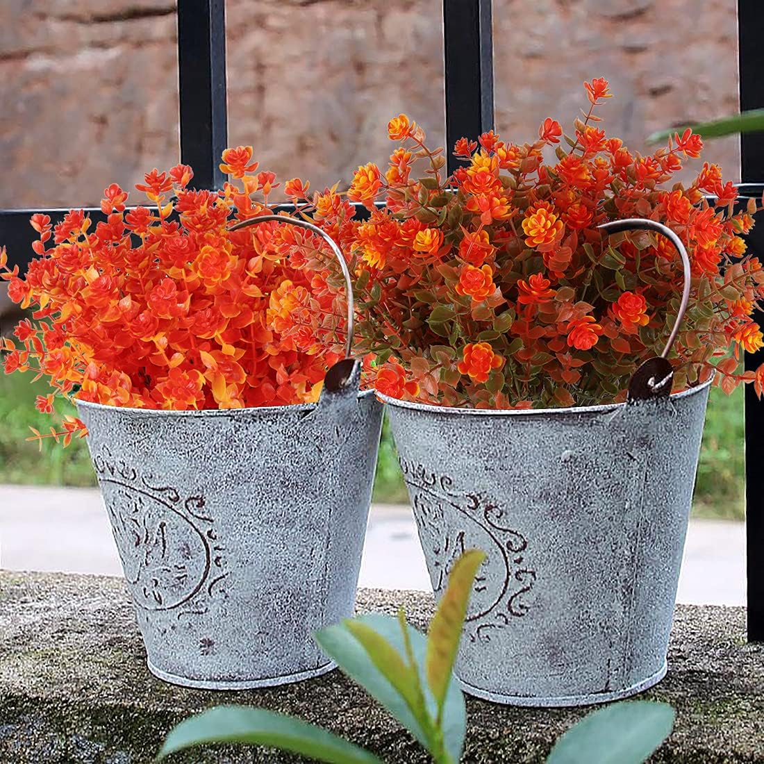 12 Bundles Artificial Outdoor Flowers UV Resistant Fake Plastic Plants No Fade Faux Fall Flowers for Hanging Planter Garden Porch Patio Window Box Wedding Thanksgiving Halloween Decor(Green Orange)