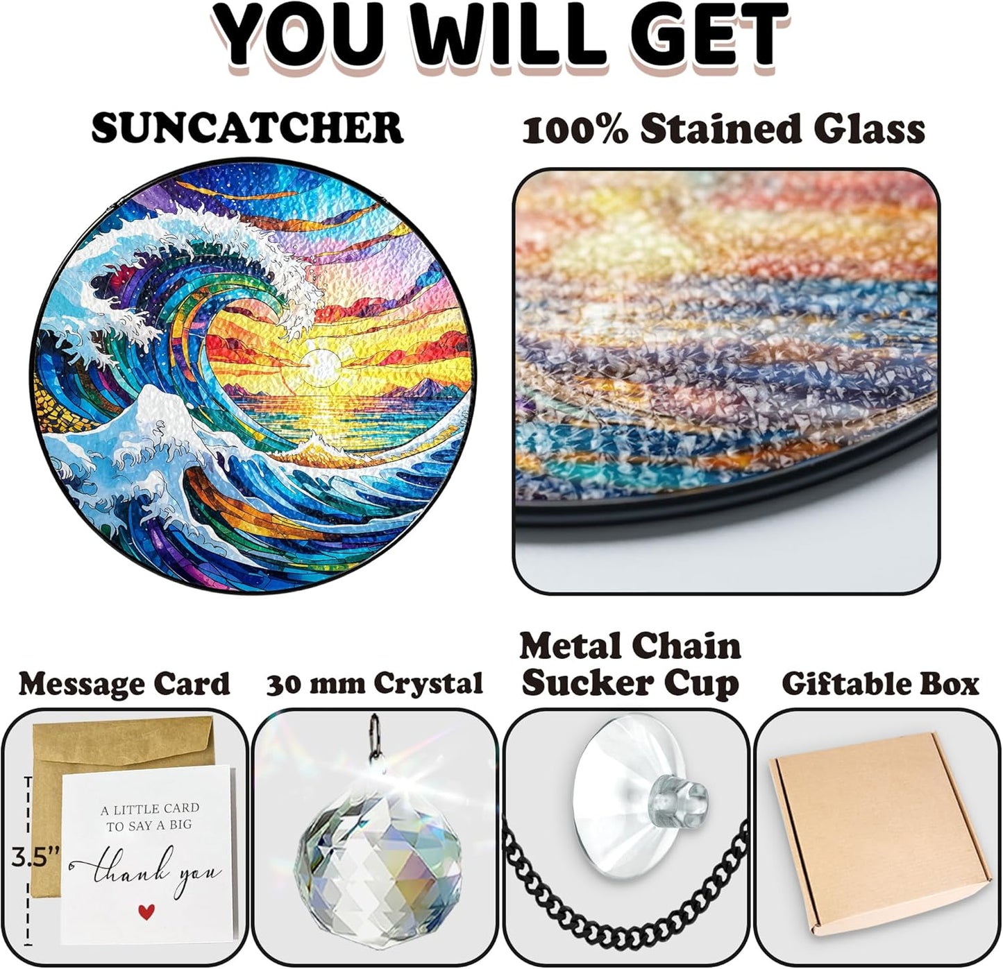 Sea Wave and Sunset Stained Glass Suncatcher – Ocean Window Hanging, Coastal Beach Decor, Unique Glass Sun Catcher Gift for Friends, Family, Couples, and Beach Lovers