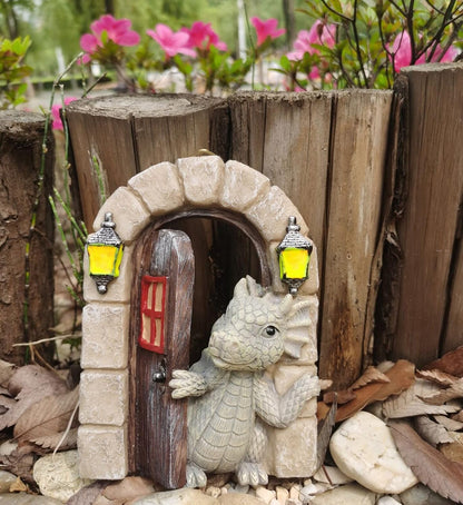 Dragon Garden Ornament Resin Craft Ornament Statue Fairy Door Yard Art Outdoor and Garden Solar Light Luminous Sand Open Door Dragon Wall Statue Outdoors Decor (Open The Door)