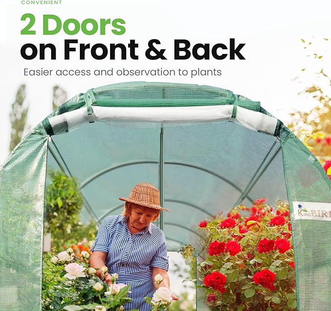KING BIRD Premium 15x6.6x6.6FT Greenhouse for Outdoors, Large Walk-in Upgraded Galvanized Metal Frame, Mesh Door Screen Window Improved Zipper Tunnel Hoop for Garden Plant Winter, 2 Stiffeners, Green